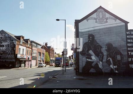 UVF (Ulster Volunteer Force) Loyalist paramilitary murals on 'Freedom Corner'  lower Newtownards Road, East Belfast, Northern Ireland, 20th April 2022 Stock Photo