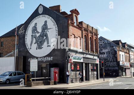 UVF (Ulster Volunteer Force) Loyalist paramilitary murals on 'Freedom Corner'  lower Newtownards Road, East Belfast, Northern Ireland, 20th April 2022