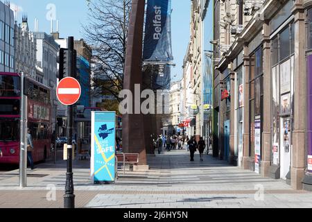 Donegall Place main shopping street in Belfast City Centre, Northern Ireland, 20th April 2022.