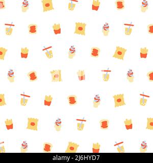 Vector illustration of chip, ice cream, french fries, bread, bubble tea pattern on white background. Stock Vector