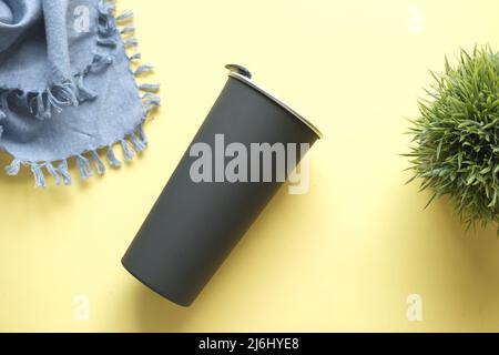 reusable eco coffee cup on table with copy space. Stock Photo