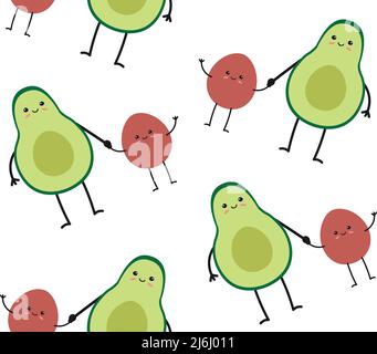 Vector seamless pattern of flat avocado mom and baby isolated on white background Stock Vector