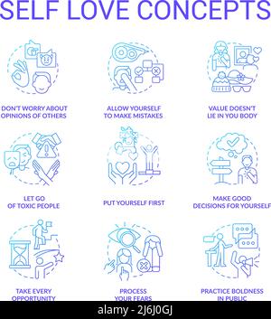 Self love blue gradient concept icons set Stock Vector