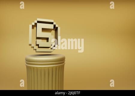 Beautiful abstract illustrations Golden Golden Pixel number 5 symbol icons on a golden column and wonderful background. 3d rendering illustration. Bac Stock Photo