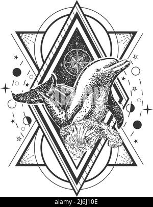 Vector creative geometric ocean dolphin tattoo art style design Stock Vector