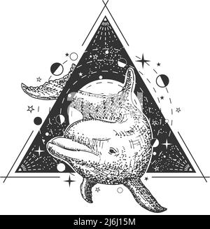 Vector creative geometric ocean dolphin tattoo art style design Stock Vector
