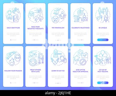 Personal mental wellness blue gradient onboarding mobile app screen set Stock Vector