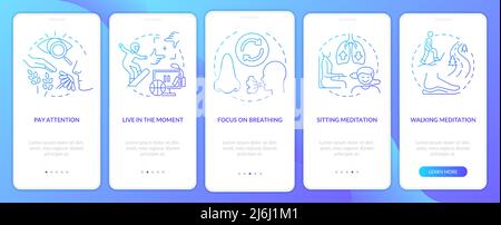 Mindfulness activities blue gradient onboarding mobile app screen Stock Vector