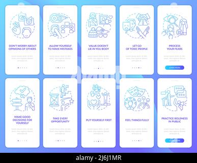 Be good to yourself ways blue gradient onboarding mobile app screen set Stock Vector