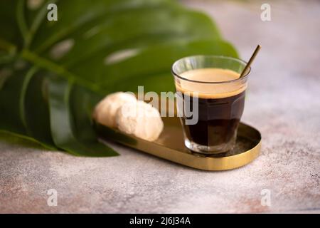 Cup on black coffee with green palm leaf for lifestyle and blogger concept. Work in paradise concept. Copy space. Stock Photo