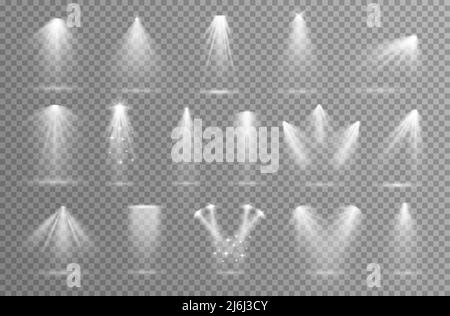 Scene lights. Staging light for theater or show stage. Spotlight flares, shine abstract lamp rays. Projector effects glow, illumination exact vector Stock Vector