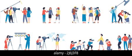 Journalists characters, operator, travel blogger on job. Flat cartoon reporters, mass media professionals with cameras. Tv show and photographers Stock Vector
