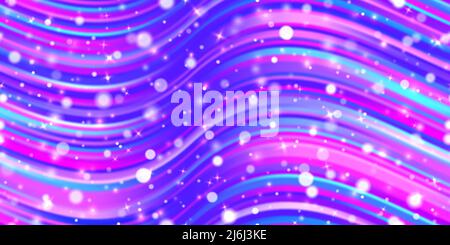 Colorful neon blue and purple wavy lines abstract seamless pattern. Iridescent holographic backdrop. Vibrant background in 80s and 90s style. Unicorn Stock Vector