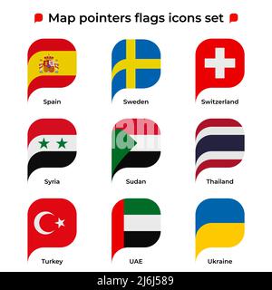 Map pointers flags icons set. Flag icon in simple rectangular pointer shape. Vector icon, symbol, button. Illustration in flat style Stock Vector