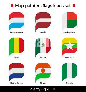 Map pointers flags icons set. Flag icon in simple rectangular pointer shape. Vector icon, symbol, button. Illustration in flat style Stock Vector