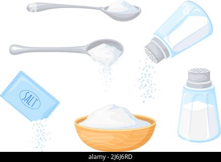 Cartoon pouring salt. Spoonful glass saltshaker, sodium foods condiments bottle salty shaker pour white salted crystal powder sugar season salting, vector illustration. Saltshaker and salt bottle Stock Vector