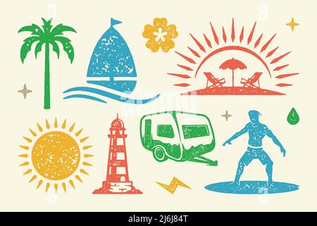 Summer symbols and objects set vector illustration. Coastal lighthouse with camping trailer and bright sunshine. Surfer on board and beach with sun lo Stock Vector