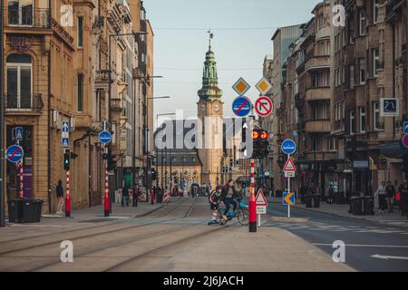 Luxembourg/April 2022: the modern tram line in the city Stock Photo