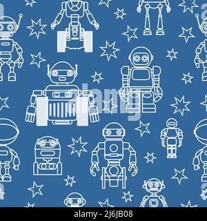 Pattern with various kinds of detailed robots and stars isolated on blue background. Stock Vector