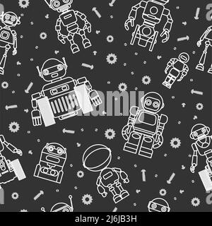 Pattern with various kinds of detailed robots and cogwheels isolated on black background. Stock Vector