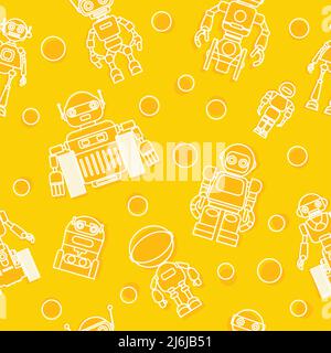 Pattern with various kinds of detailed robots isolated on yellow background. Stock Vector