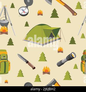 Seamless background with camp equipment and objects Stock Vector