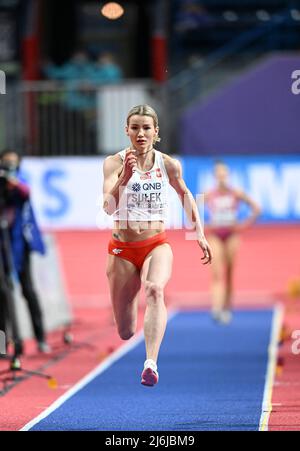 Adrianna Sulek participating in the Belgrade 2022 World Indoor Championships in the Long Jump of the Pentathlon. Stock Photo