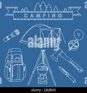 Silhouette illustration different kind of camping equipment and objects on blue background. Stock Vector
