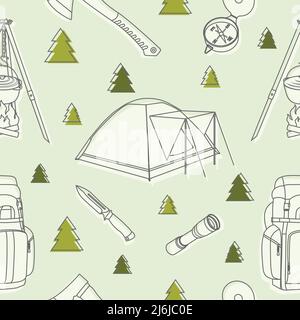 Pattern with various kinds of detailed camp equipment and objects isolated on background. Stock Vector