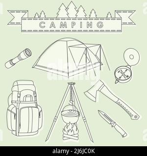 Silhouette illustration different kind of camping equipment and objects on background. Stock Vector