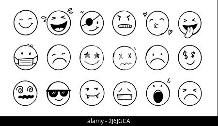 Doodle Emoji face icon set. Hand drawn sketch style. Emoji with different emotion mood, happy, sad, smile face. Comic line art vector illustration. Stock Vector