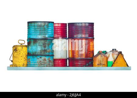 Assortment of chemical waste barrels and containers isolated on a white background Stock Photo