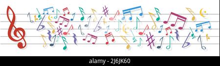 Musical staff with massed colored notes. The chaos of music, out of tune. Vector banner and pattern Stock Vector