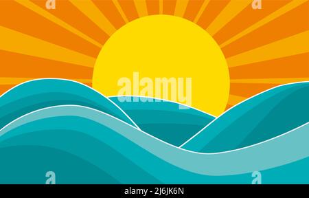 Abstract summer background, sun and wave, stormy sea. Vector illustration with copy space Stock Vector