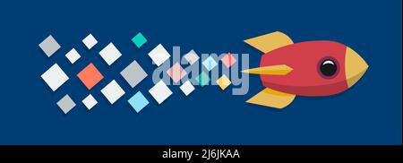 Rocket with smoke made of pixels. Concept of startup and digital work. Banner, illustration pattern Stock Vector