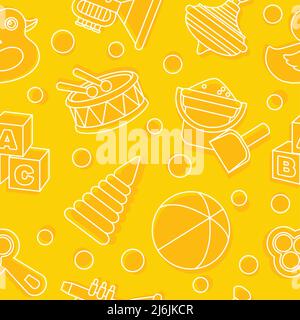 Pattern with various kinds of detailed toys isolated on yellow background. Stock Vector