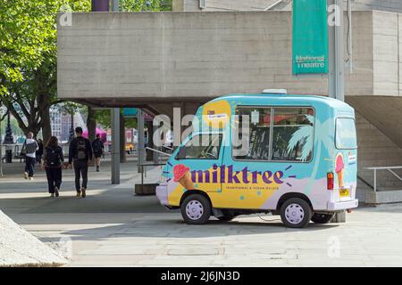 Small colourful vintage ice cream van on the Southbank on a sunny summers day. London Stock Photo