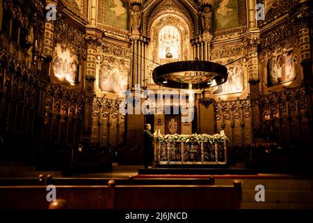 Monserrat, Spain - April 20, 2022:  Interior view of historic basilica at Montserrat Monastery in Spain, Stock Photo