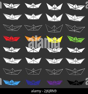 Set of different style vector illustrations of paper boat icons. Outline simple, silhouette, chalk and color boat isolated on grey background. Icon sy Stock Vector