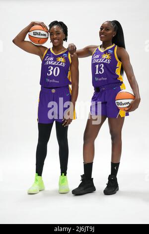 Los Angeles Sparks forward Nneka Ogwumike (30) and guard Chennedy Carter  (7) pose during media day, Wednesday, Apr. 27, 2022, in Torrance, Calif.  Photo via Newscom Stock Photo - Alamy