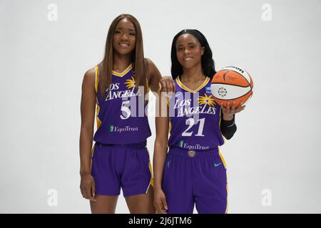 Los Angeles Sparks guards Jordin Canada (21), Te'a Cooper (2) and