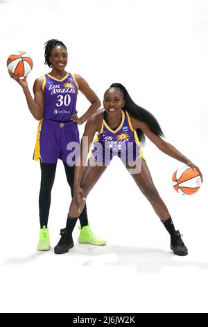 Los Angeles Sparks forward Nneka Ogwumike (30) and guard Chennedy Carter  (7) pose during media day, Wednesday, Apr. 27, 2022, in Torrance, Calif.  Photo via Newscom Stock Photo - Alamy