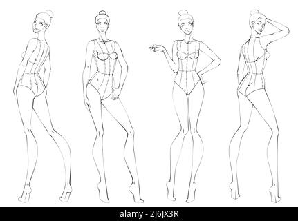 Female Ten Heads Figure Poses Template Croquis for Fashion Design. Vector Illustration Stock Vector