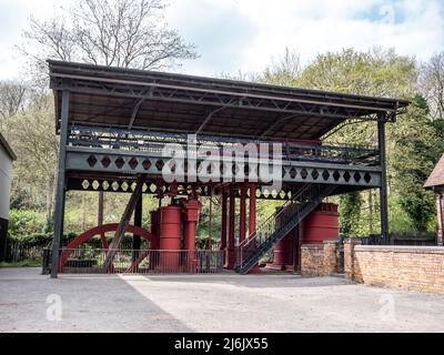 The image is of steam driven blowing engines that were used to provide compressed  air to the iron smelting blast furnaces at Blist Hill Ironworks Stock Photo