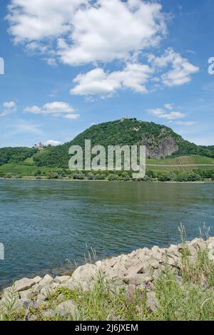 view to Drachenfels Mountain in Siebengebirge,Koenigswinter,Rhine River,Germany Stock Photo