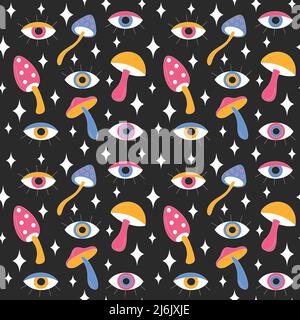 Retro mushrooms and sparkles on light background. Stock Vector