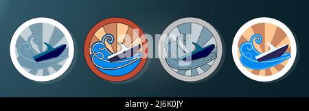 Stylized illustration of a water scooter. Jet ski, waves and sunset. Round emblem. Water transport sticker or embroidery. Stock Vector