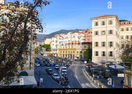 High-angle view of Piazza Eroi Sanremesi with the medieval town called 'La Pigna' in a sunny winter day, Sanremo, Imperia, Liguria, Italy Stock Photo