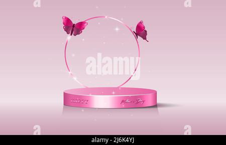 Mothers day background, Pink podium with flying butterflies. 3D Platform for product, cosmetic presentation. Mock up. Pedestal for beauty products Stock Vector