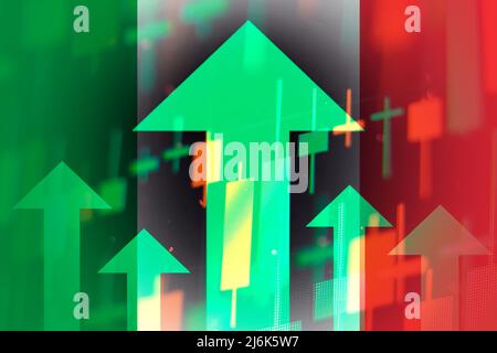 Increasing green arrows showing improvements in the economy or growth of stocks on the stock exchange. Stock Photo